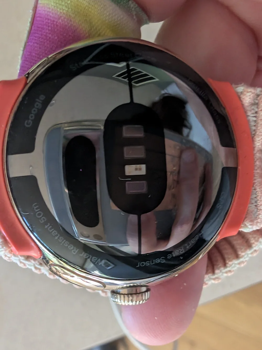 1st Gen google Pixel Watch with Pink Fabric Band and Coral Accent (Gold Watch)